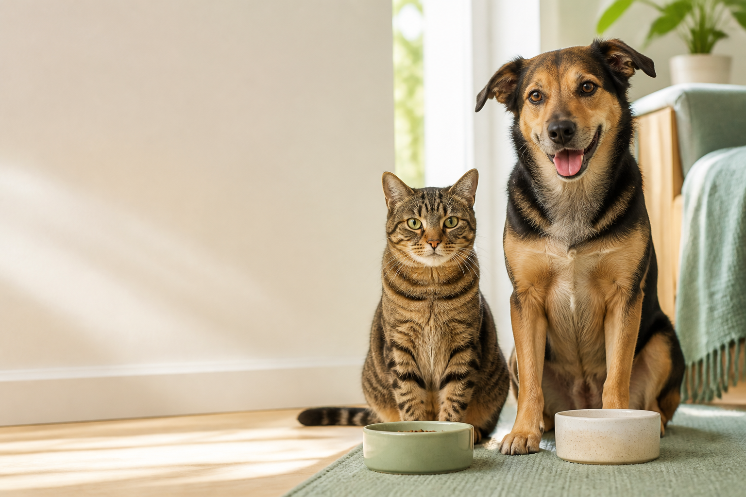 Aydınlık evde mama kaplarıyla birlikte oturan kedi ve köpek